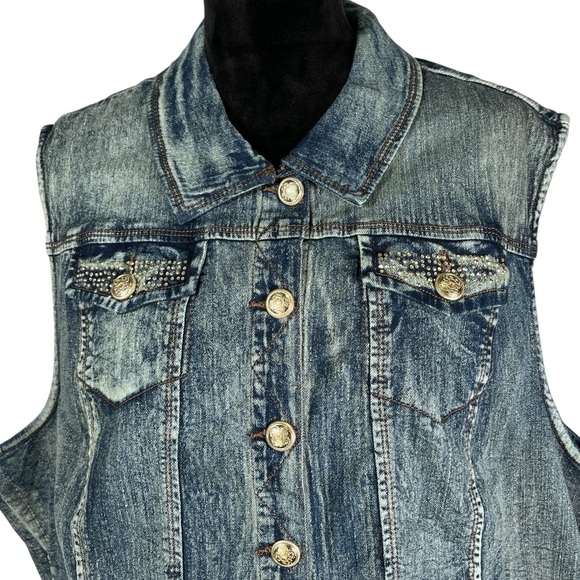 Studded Denim Vest Western Rhinestone Biker Moto Back in the Saddle Americana - Picture 4 of 8